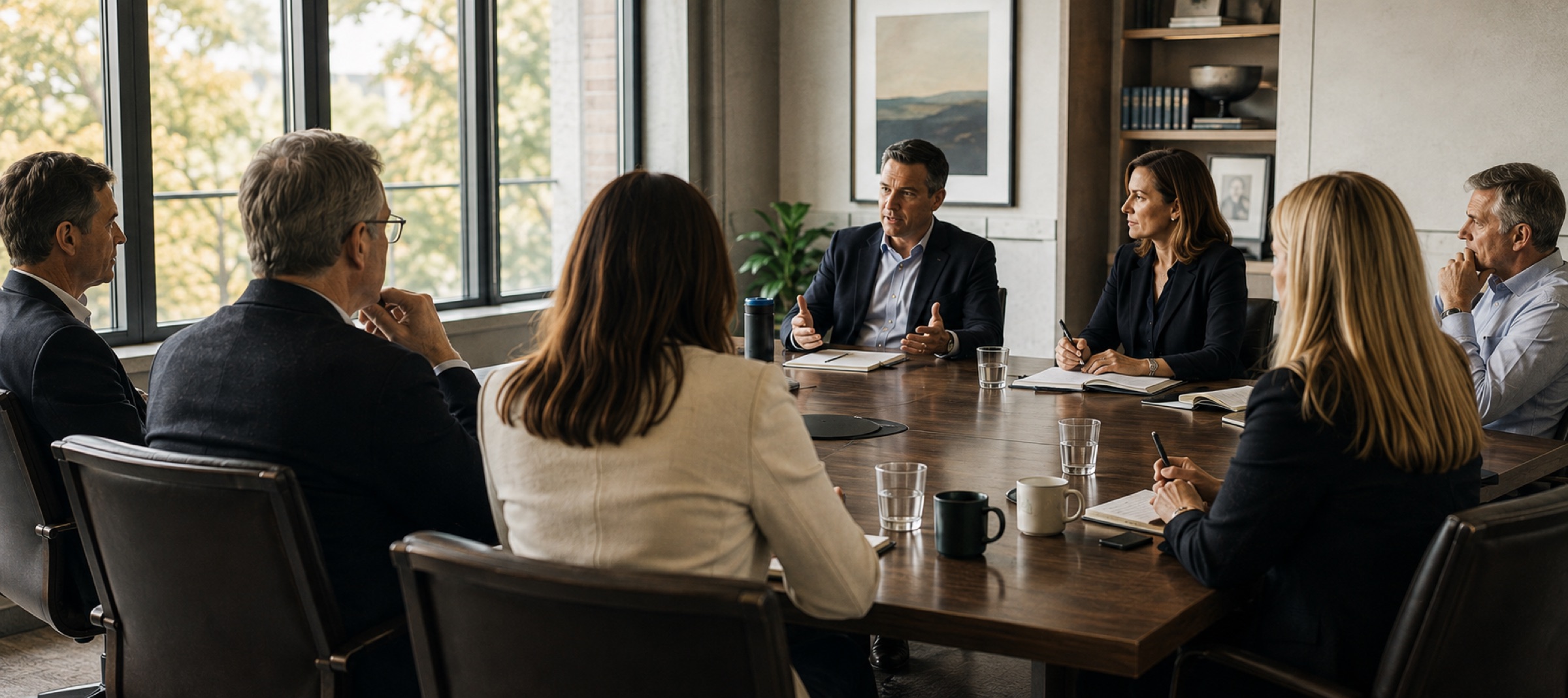 Six senior people around a boardroom table, mid discussion.